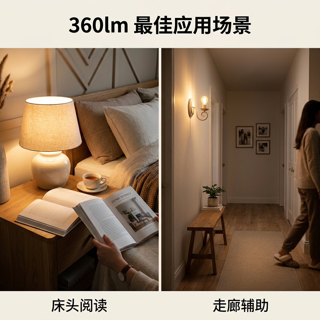 一幅温馨家居场景组合图，展示了360流明亮度在床头阅读和走廊辅助照明中的实际应用效果，强调其作为局部照明的舒适性。