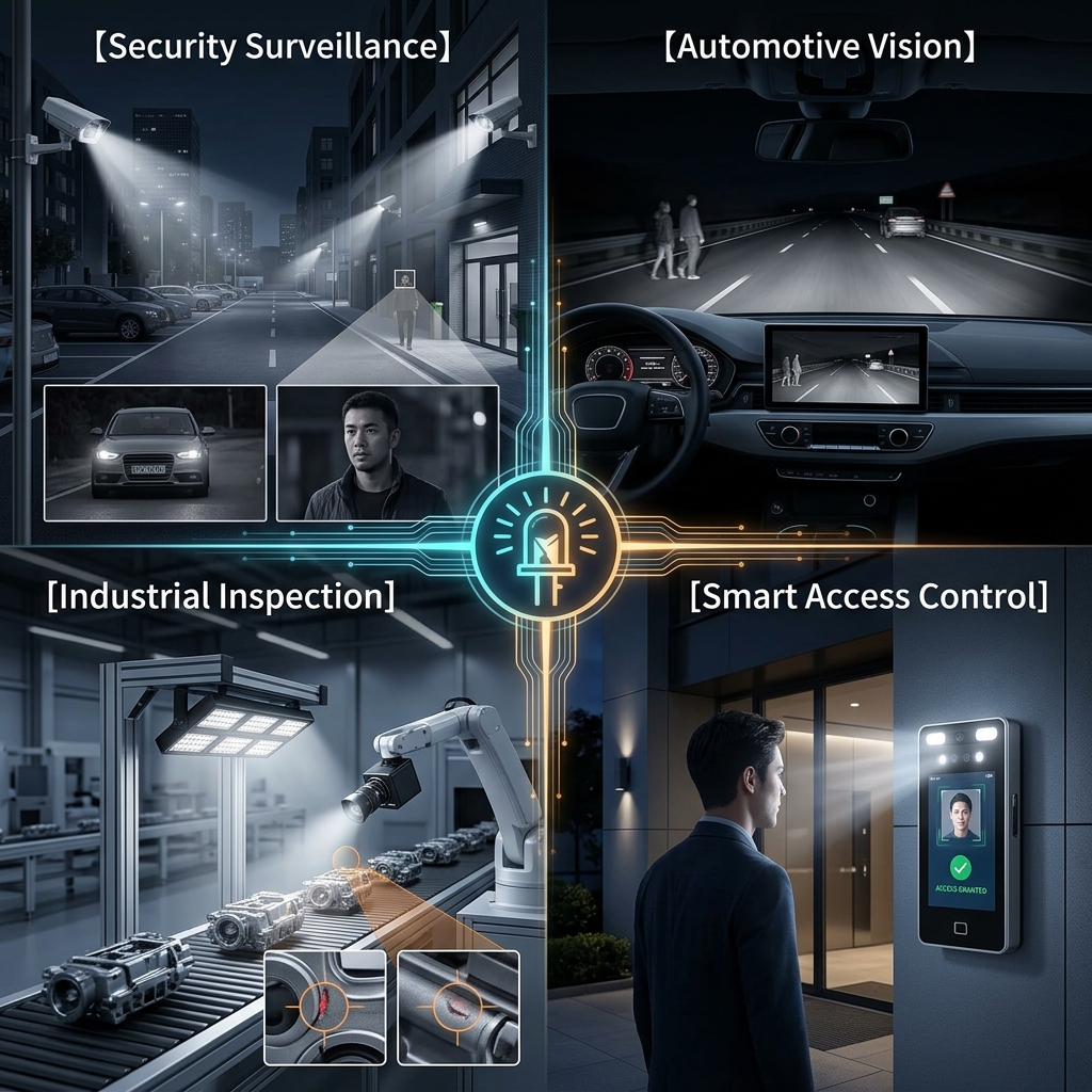 多路红外补光灯珠在安防监控、车载视觉、工业机器视觉和智能门禁等四大核心应用场景示意图,展现其广泛的应用价值。