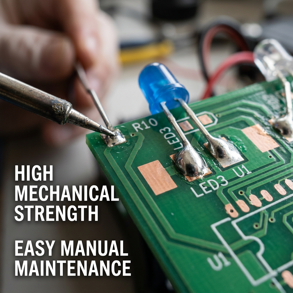 蓝色直插灯珠在工业PCB上的安装细节，突出其引脚穿透焊接带来的卓越机械强度与抗震性，并展示手动维护的便捷。