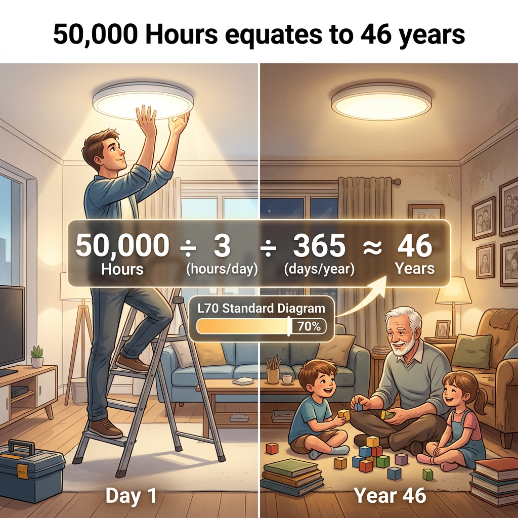 一张温馨的创意插画，左侧为年轻人安装LED灯，右侧为同一盏灯在46年后依然点亮，主人公已变为老人与孙辈玩耍，中间显示LED灯5万小时寿命可使用46年的换算公式，象征LED灯的超长陪伴。