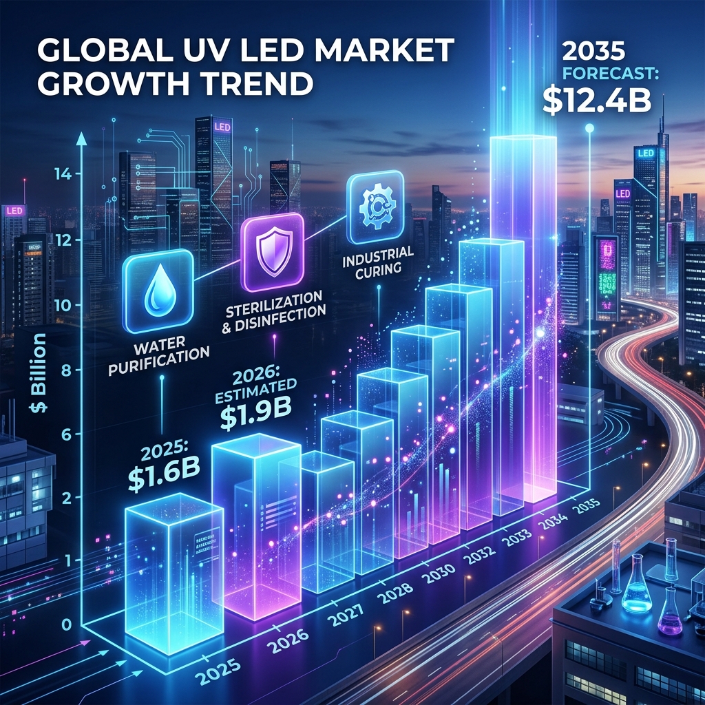 2026年全球UV LED市场增长趋势图，显示2025年16亿美元、2026年19亿美元及2035年124亿美元的预测