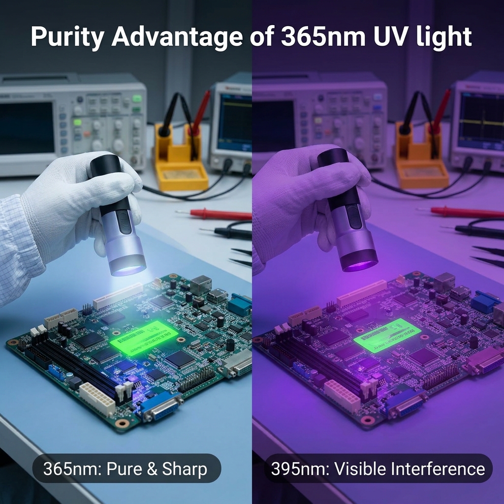 365nm与395nm紫外光在精密检测中荧光效果对比，展示365nm纯净波长下荧光显现的清晰度与高对比度