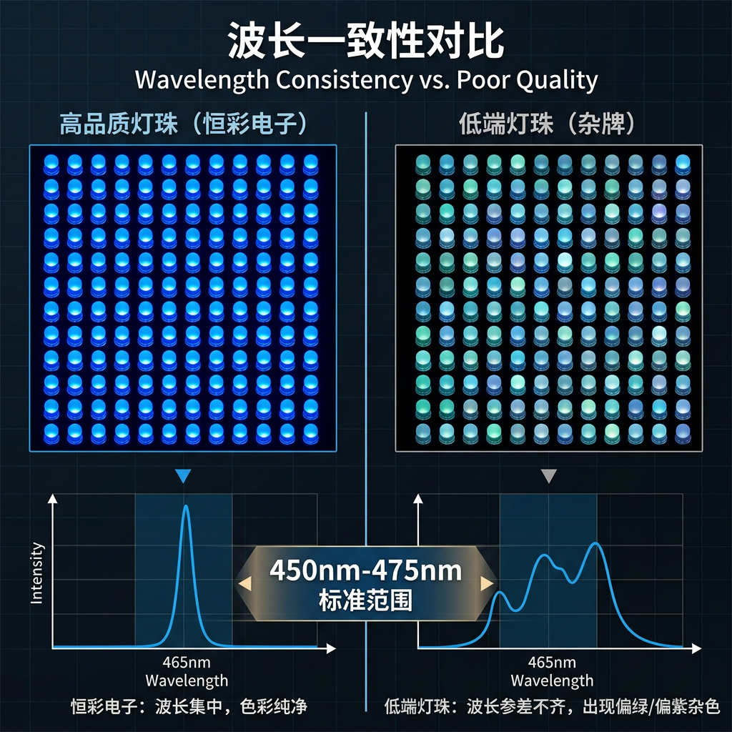 蓝色直插灯珠波长一致性对比图：左侧为恒彩电子高品质灯珠，色彩纯净统一；右侧为低端灯珠，颜色参差不齐，突显波长范围450nm-475nm的重要性。