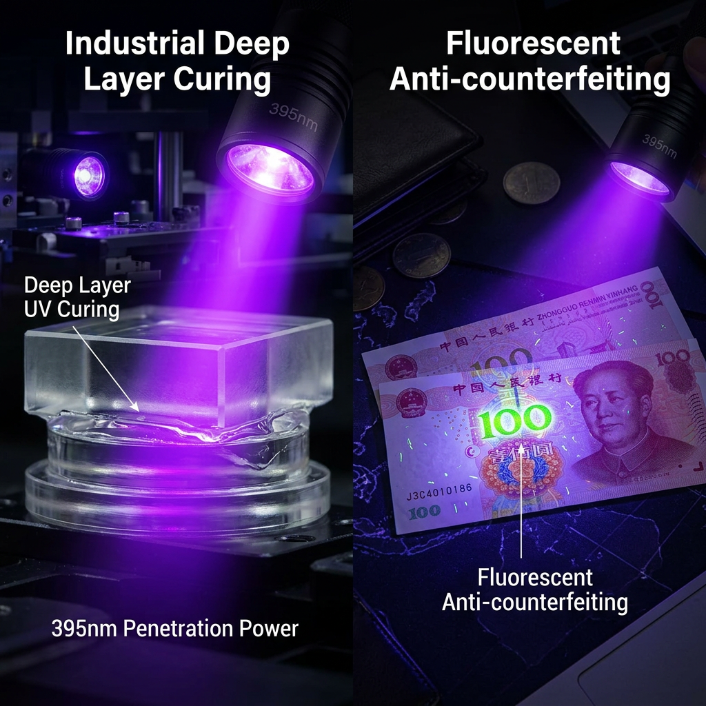 395nm紫光LED在工业固化和验钞防伪中的应用场景实拍图，展示其深层穿透力和荧光激发效果。