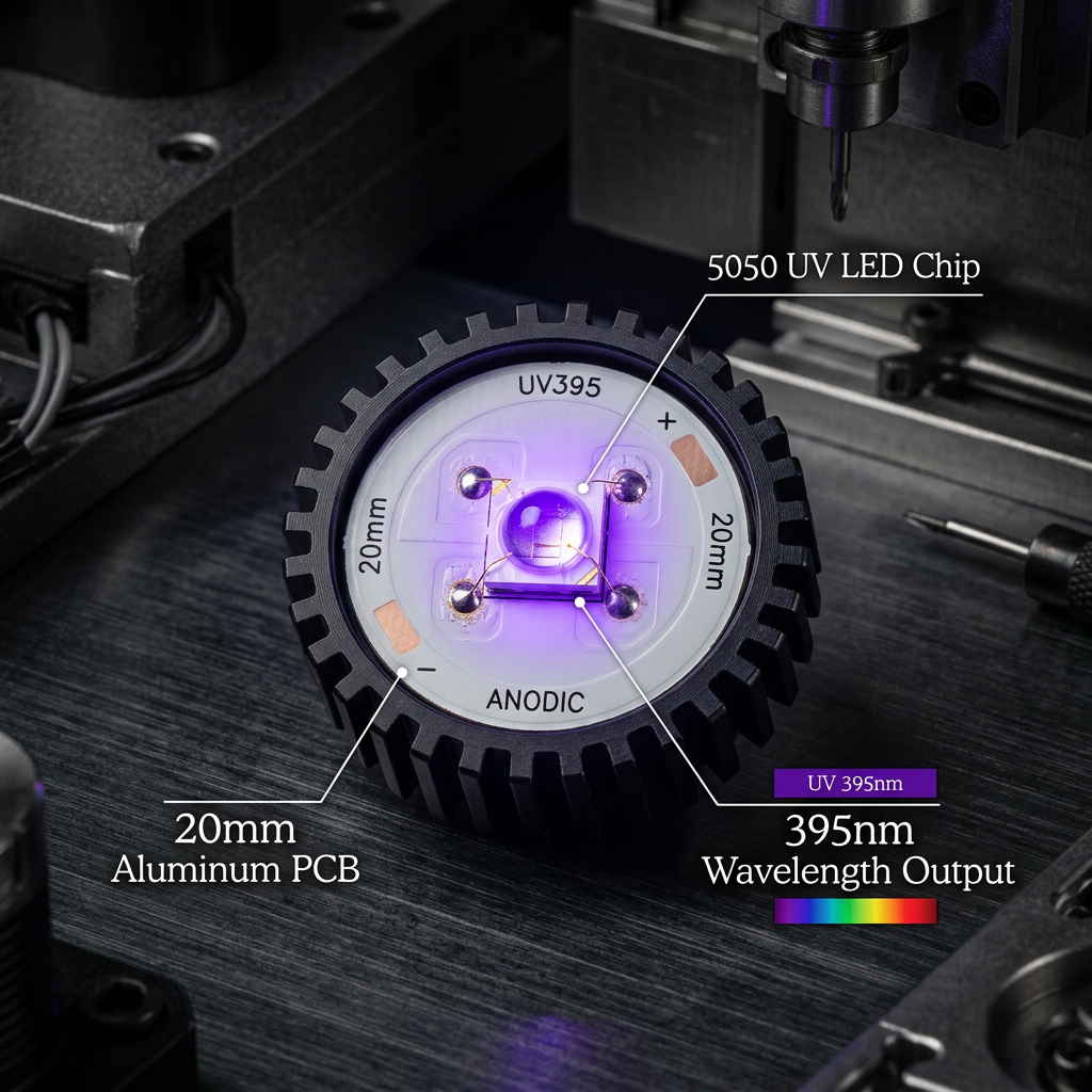 恒彩电子led紫光20mm灯板5050UV395光源特写，展示通电后发出的395nm紫色光芒