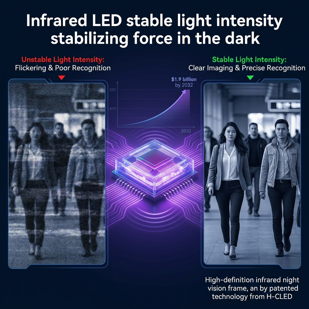 恒彩电子红外LED稳定光强技术对比图：左侧展示不稳定光强导致夜视模糊与识别困难，右侧展现稳定光强下夜视画面清晰、人脸识别精准，突显其在黑夜中的“定海神针”作用。