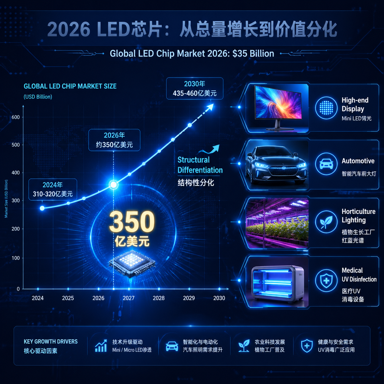 2026年全球LED芯片市场规模与增长趋势图，显示市场预计达到350亿美元，并向高端显示、汽车、植物照明和医疗等高价值领域分化。