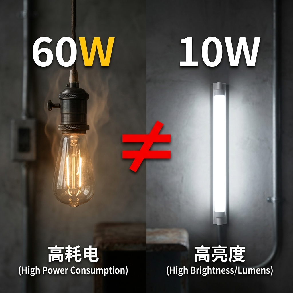 传统60W白炽灯与现代10W LED灯的亮度与耗电对比图，直观揭示瓦数（W）不等于真实亮度（流明，lm）的照明误区