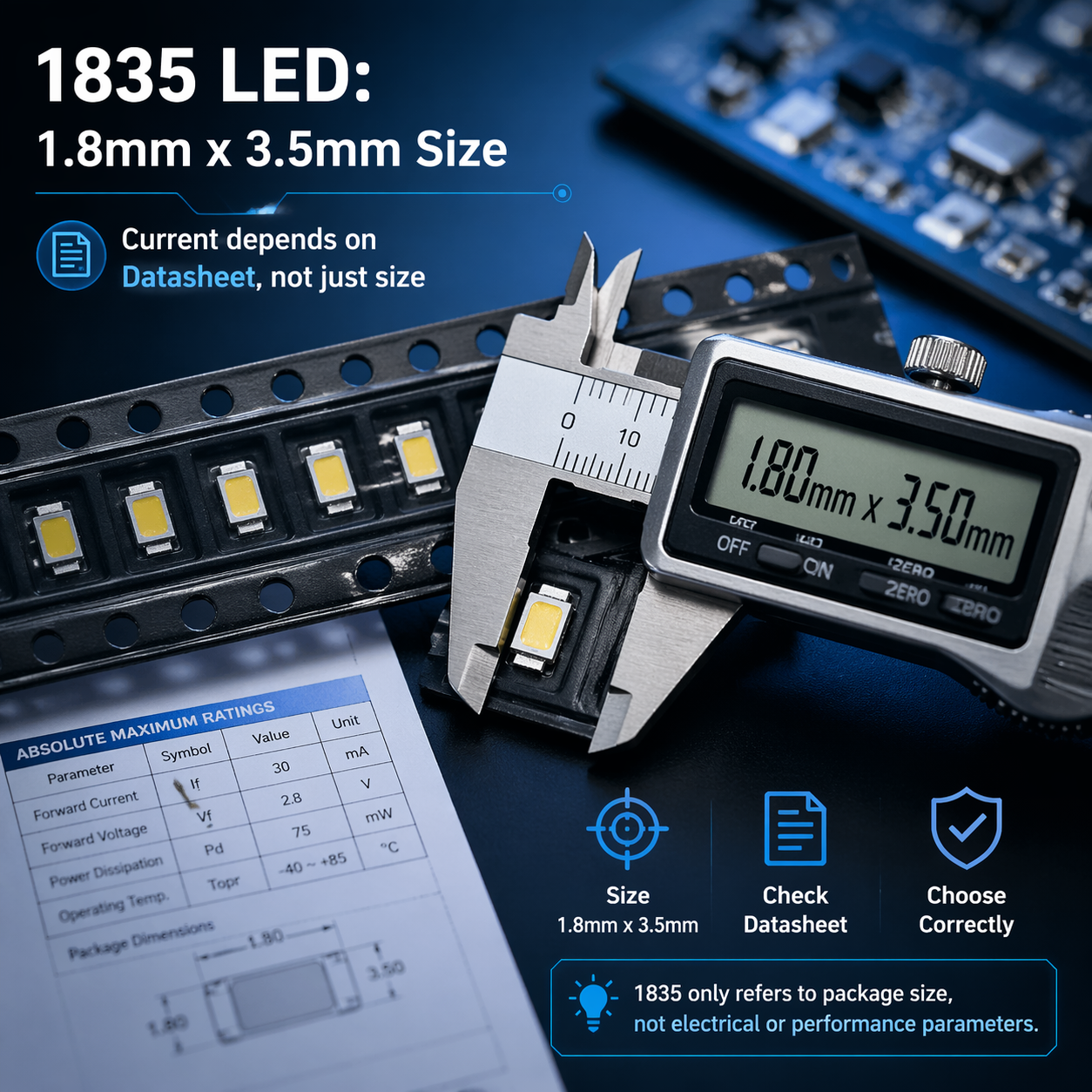 1835 LED芯片的宏观特写，显示其1.8x3.5mm尺寸，旁边卡尺和文字标注强调电流能力取决于规格书而非尺寸本身。