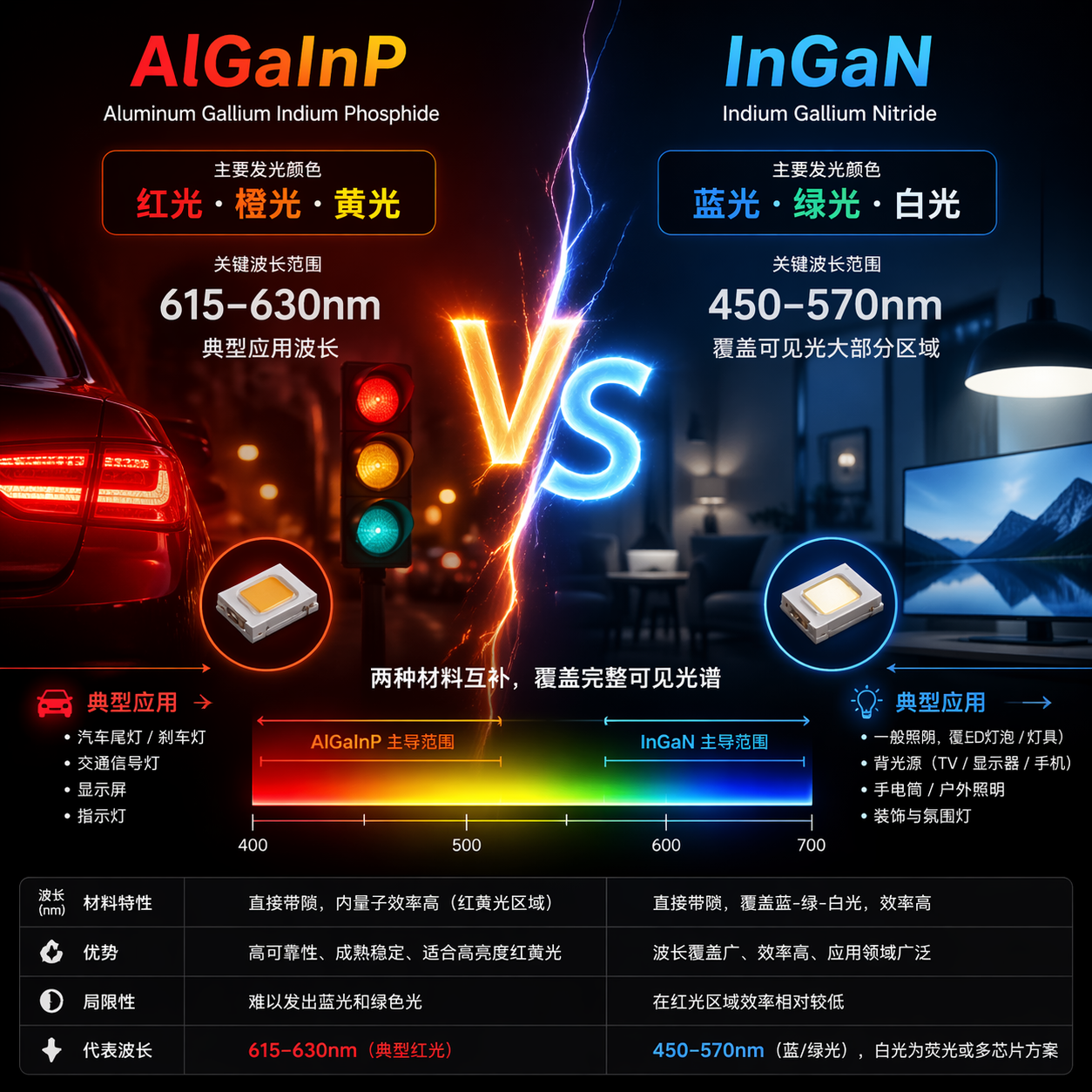 AlGaInP与InGaN材料对比图：AlGaInP（红、橙、黄光）主要用于显示和交通，InGaN（蓝、绿、白光）用于照明和背光，清晰区分两种LED材料的应用光谱。