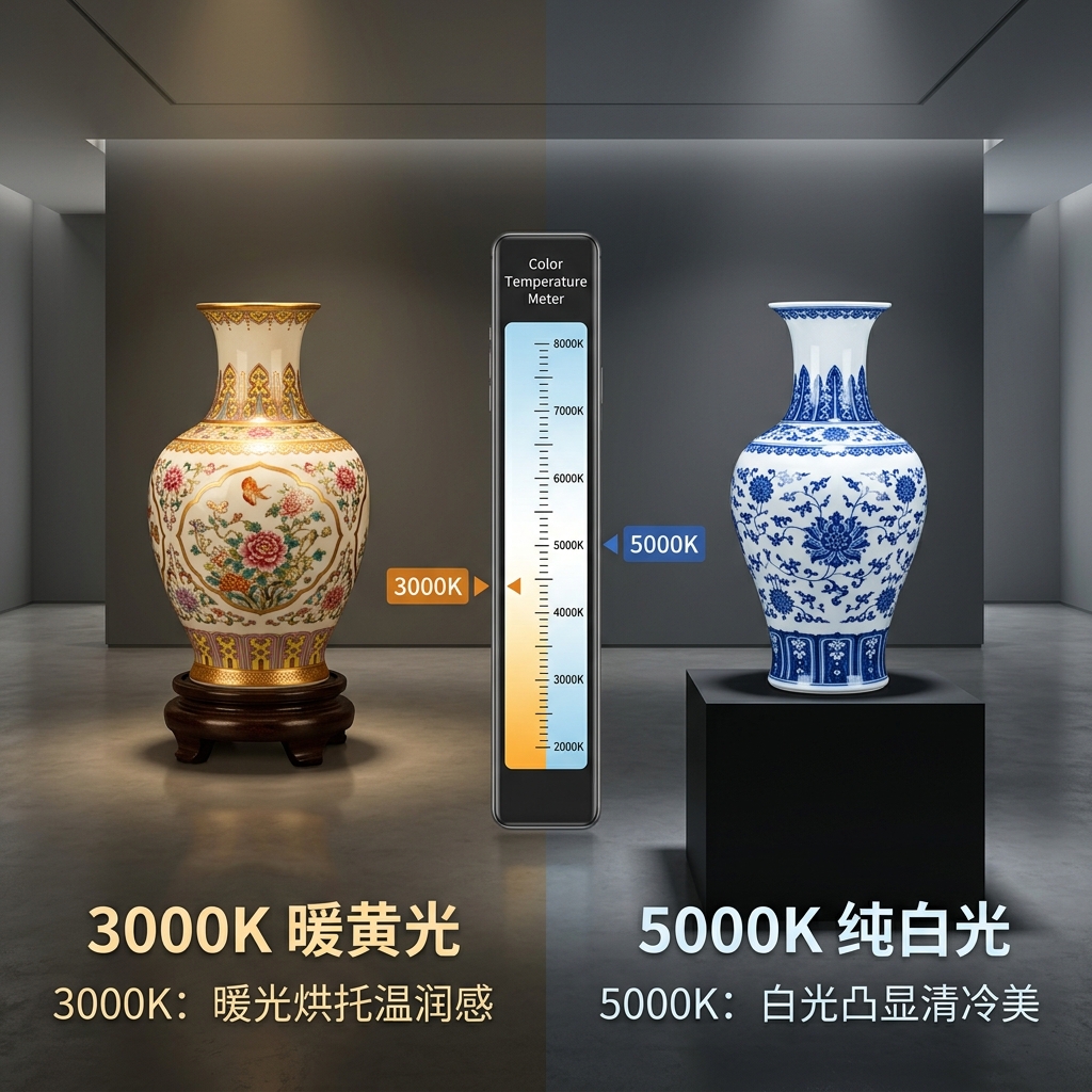 不同色温（3000K暖黄光与5000K纯白光）对粉彩瓷器和青花瓷器质感表现的影响对比图