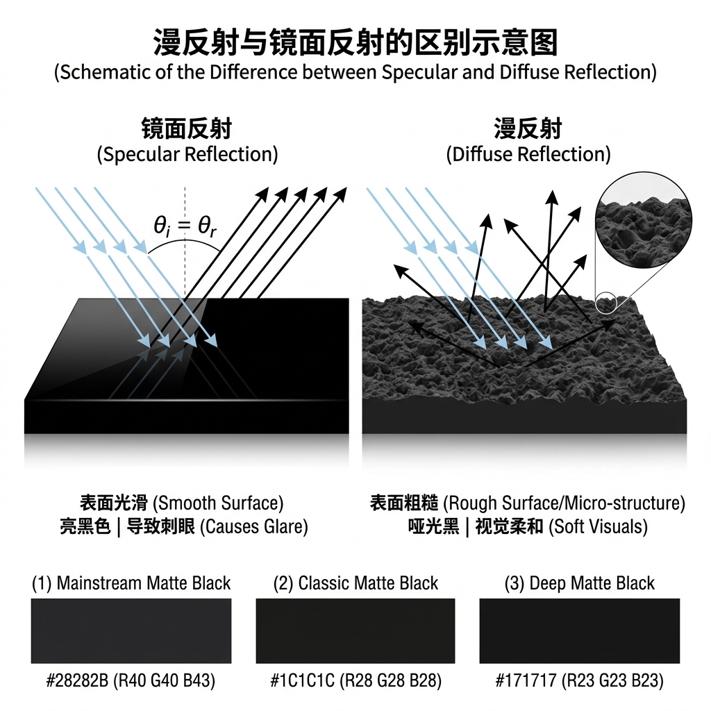 镜面反射(左侧,光滑表面光线集中反射)与漫反射(右侧,哑光表面光线散射)的科学原理示意图,下方附主流、经典和深色哑光黑的HEX与RGB色值卡