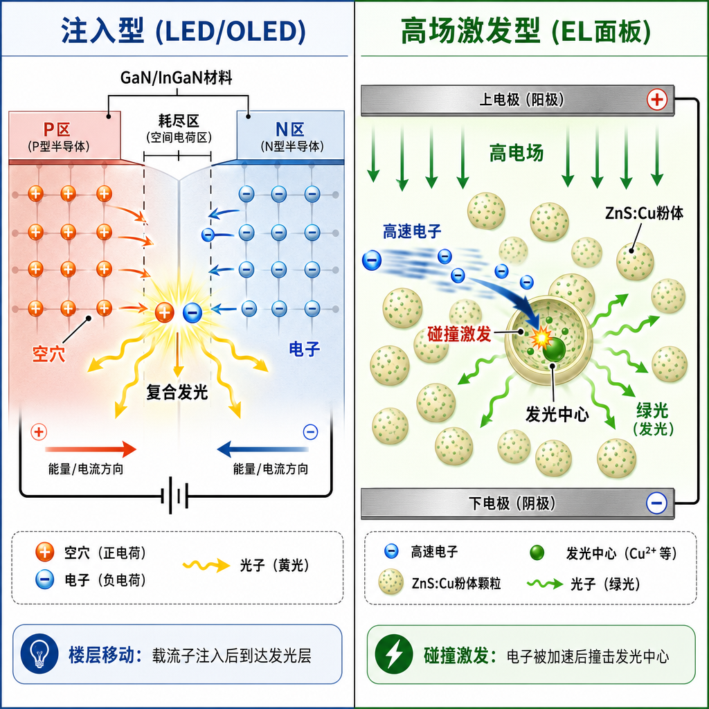 场致发光的两种核心机制对比图：左侧为注入型（LED/OLED）电子-空穴复合发光原理，右侧为高场激发型（EL面板）电子碰撞发光中心原理。