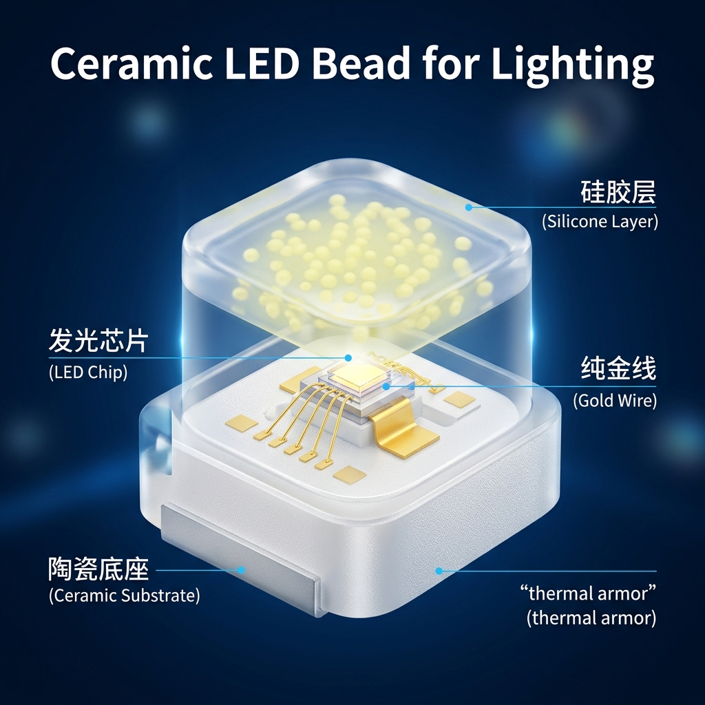 照明用陶瓷灯珠的内部结构剖析图，展示了陶瓷底座、发光芯片、纯金线和硅胶层，突出其卓越的散热和封装工艺。