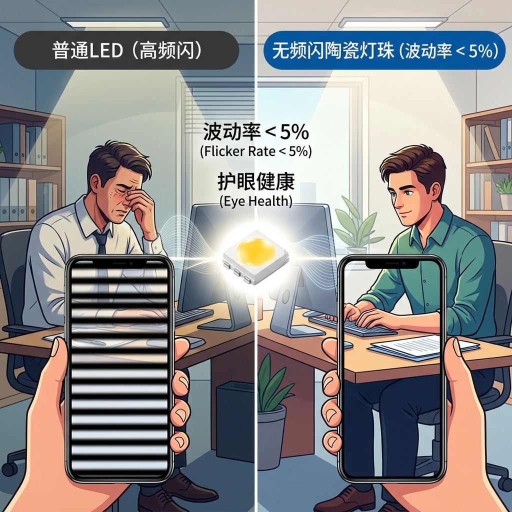 一张对比图，左侧显示普通LED灯下的眼睛疲劳和手机屏幕频闪条纹，右侧显示无频闪陶瓷灯珠下的舒适工作状态和纯净屏幕画面，强调其护眼健康与波动率低于5%的优势。