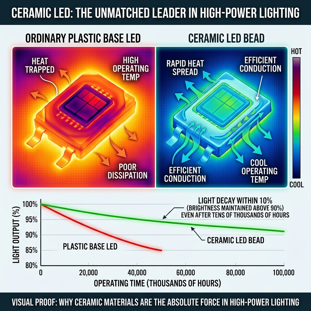 陶瓷灯珠与塑料灯珠热成像对比图及光衰曲线,突显陶瓷基底优异的散热性能和超低光衰,确保长寿命。