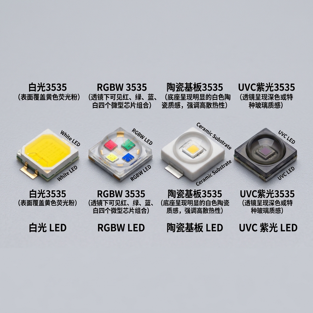 四种常见3535 LED灯珠封装类型对比图：白光、RGBW、陶瓷基板和UVC紫光，展示其外观和结构差异。