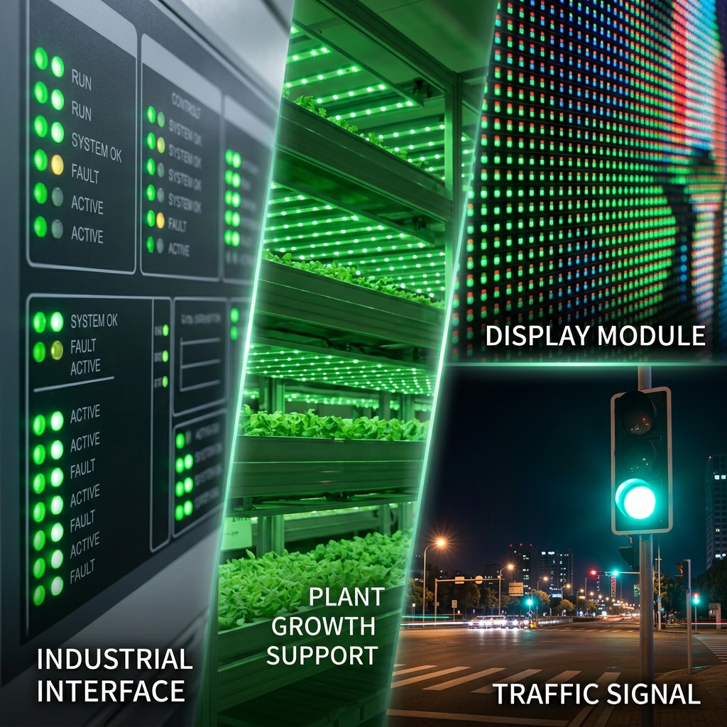 绿光LED多场景应用图：展示其在工业控制面板、LED显示屏、交通信号灯及植物照明辅助中的实际应用