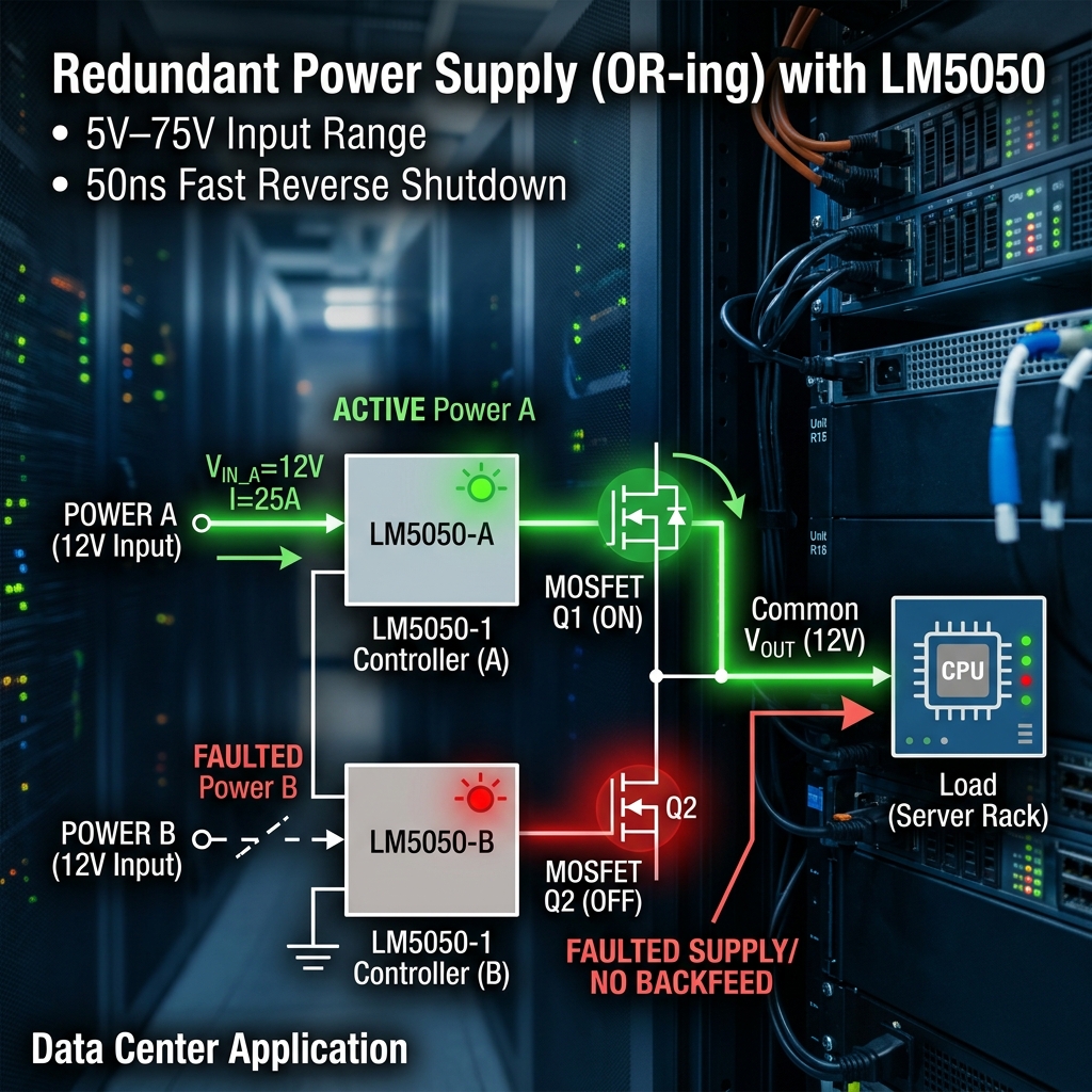 LM5050在冗余电源系统（OR-ing）中的典型应用场景示意图，展示双路电源通过LM5050控制器实现无缝切换和反向电流保护。