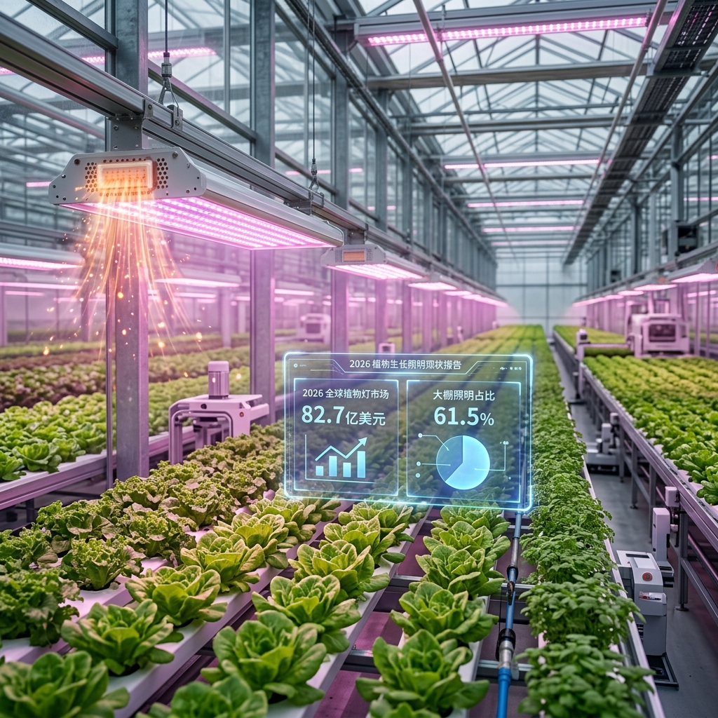 2026年智能大棚内植物在LED灯下生长，显示全球植物灯市场82.7亿美元及大棚照明占比61.5%的数据界面