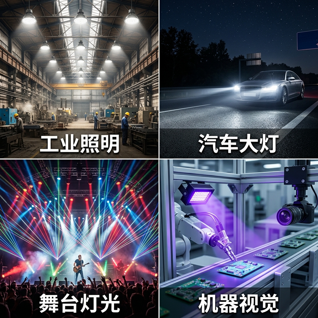 高亮度陶瓷灯珠的四大典型应用场景实景图：高高厂房工业照明、汽车明亮大灯、五彩斑斓舞台灯光和机器视觉检测。