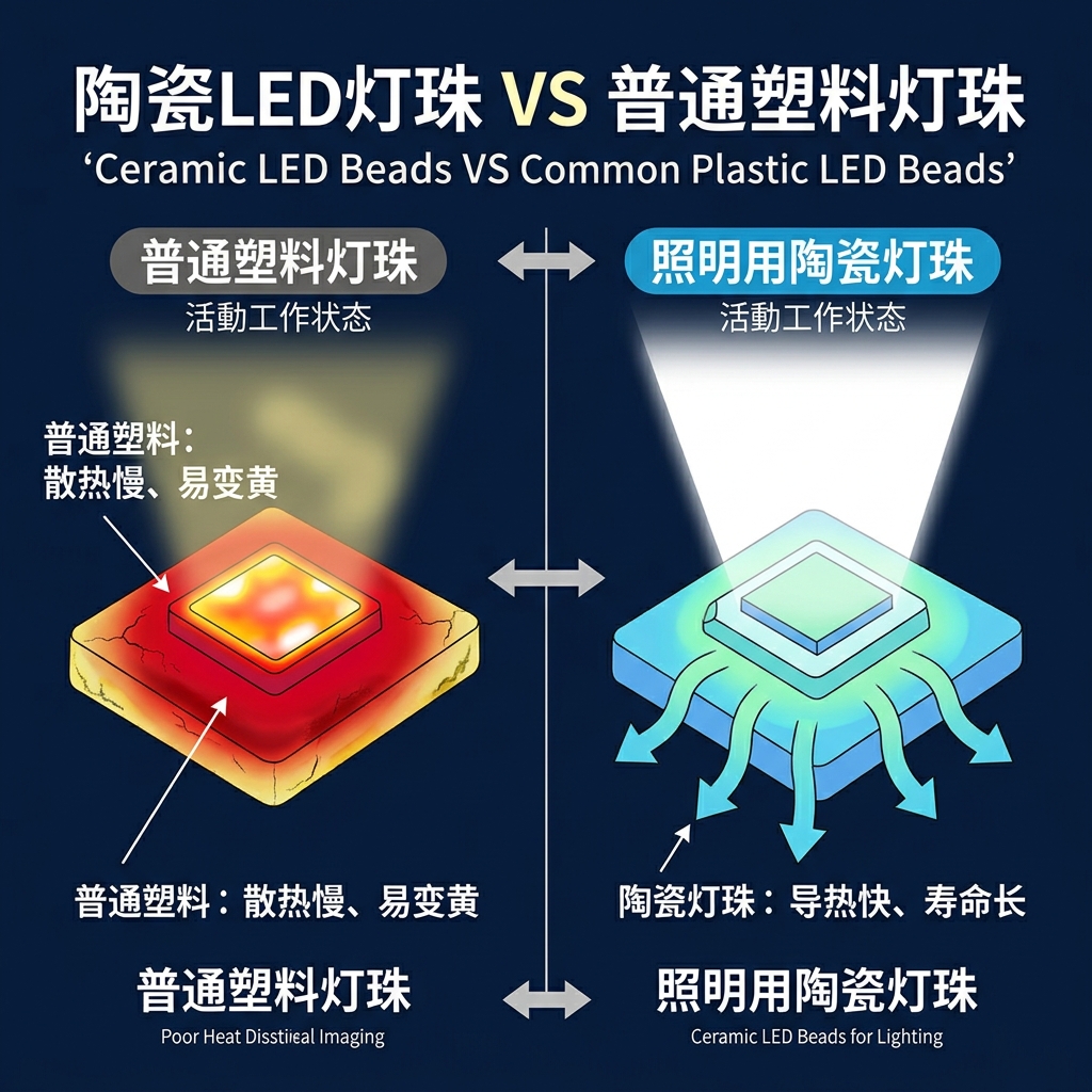 普通塑料灯珠与照明用陶瓷灯珠的散热对比图，通过热成像模拟展示了陶瓷灯珠更优异的散热性能和更长的使用寿命。