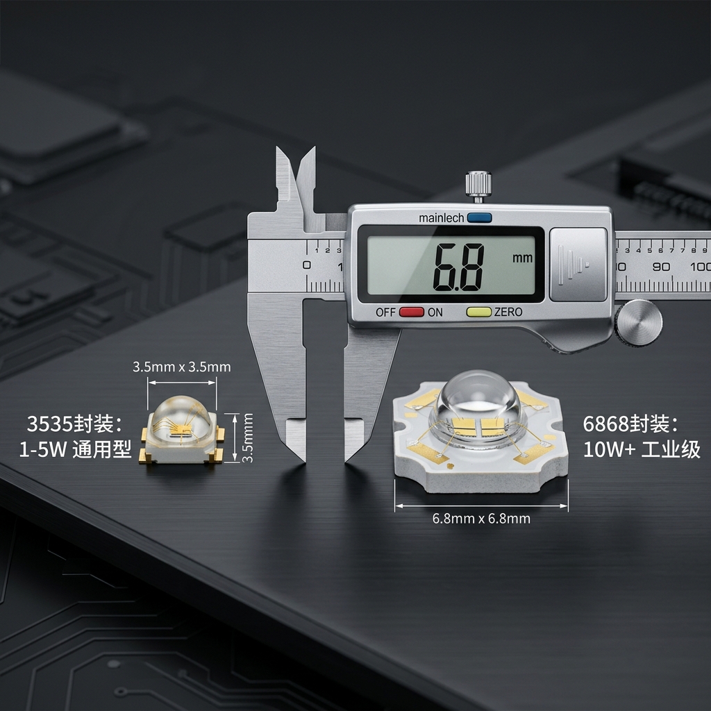 半导体灯珠封装3535与6868的尺寸对比图，3535小巧灵活，6868体型更大更强悍，游标卡尺直观展示两者尺寸差异