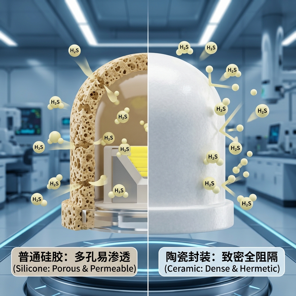 对比展示普通硅胶LED灯珠(多孔易渗透)与抗硫化陶瓷灯珠(致密全阻隔)的微观结构,揭示陶瓷材料如何有效阻挡硫化氢气体,防止腐蚀。