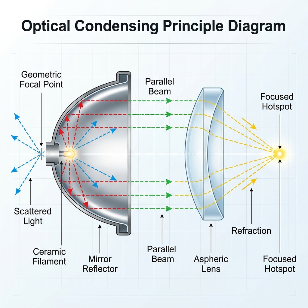 光学聚光原理剖面图，展示发光核心、镜面反光杯将散射光反射成平行光，以及非球面透镜进一步折射汇聚光线形成远射光斑的过程。