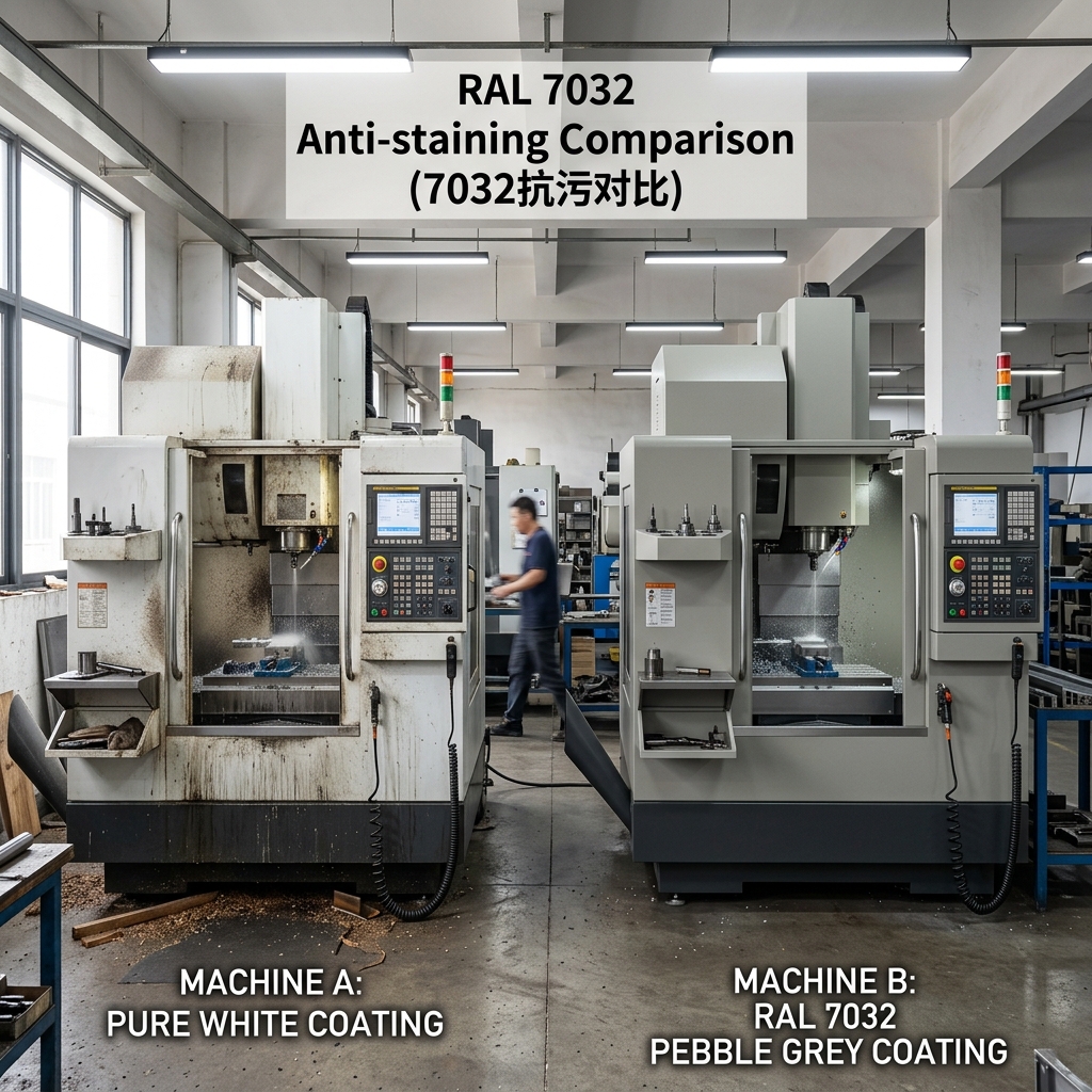 RAL 7032卵石灰与纯白色CNC加工中心抗污对比，展示7032在工业环境下的出色防污效果