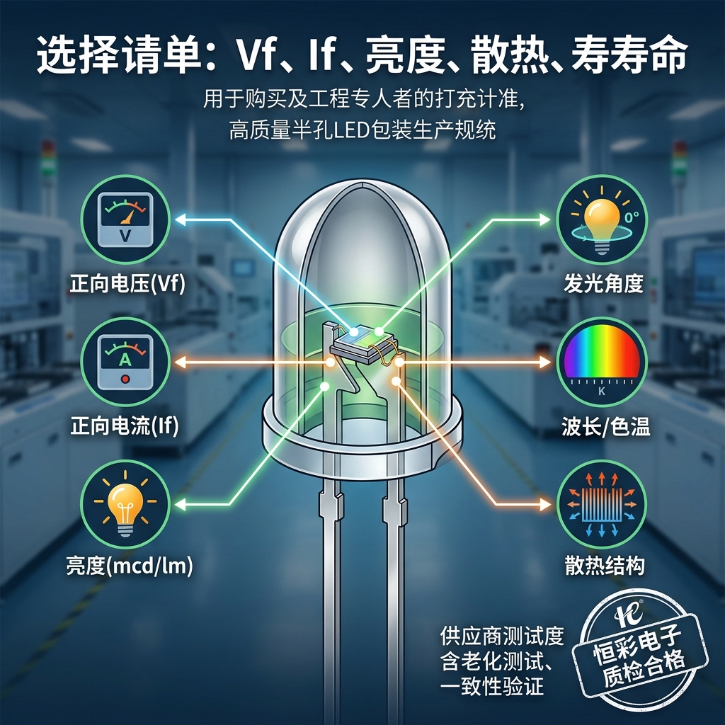 直插灯珠选型关键参数可视化指南图，强调除了功率外，还需关注正向电压Vf、正向电流If、亮度、发光角度、波长/色温和散热结构等重要指标。