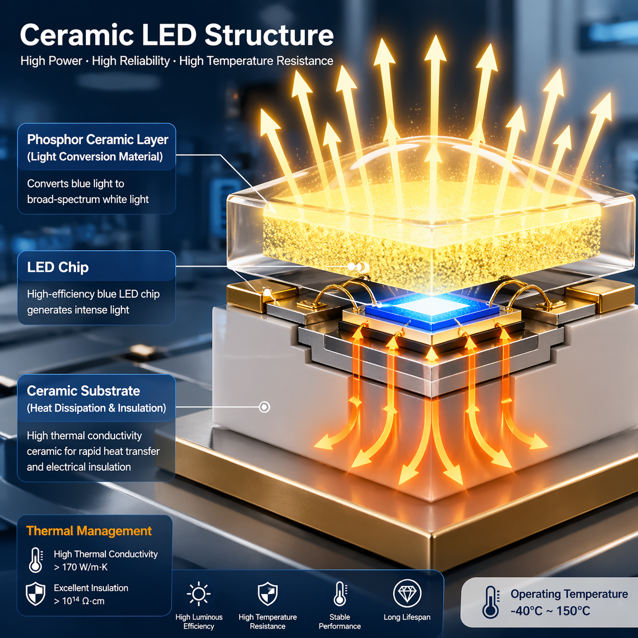 发光陶瓷LED封装器件的3D剖切结构图，展示了陶瓷基板、发光芯片和荧光陶瓷片的多层结构，并通过箭头表示热量传导和光线发射，强调其散热与光转换功能。