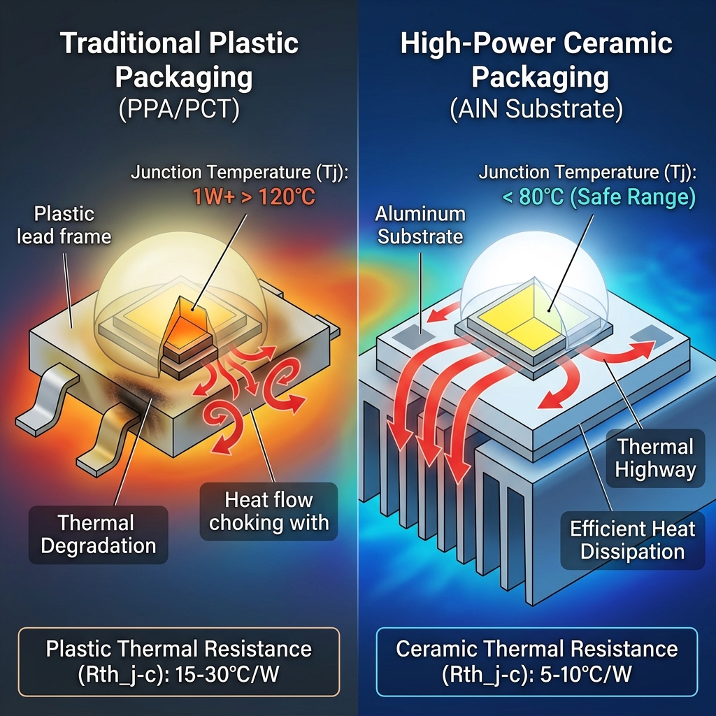 对比图展示大功率LED的散热差异，左侧为塑料封装因热量淤积导致黄变和高结温，右侧为陶瓷封装通过氮化铝基板高效导热，维持低结温，并标注塑料热阻15-30℃/W与陶瓷热阻5-10℃/W。