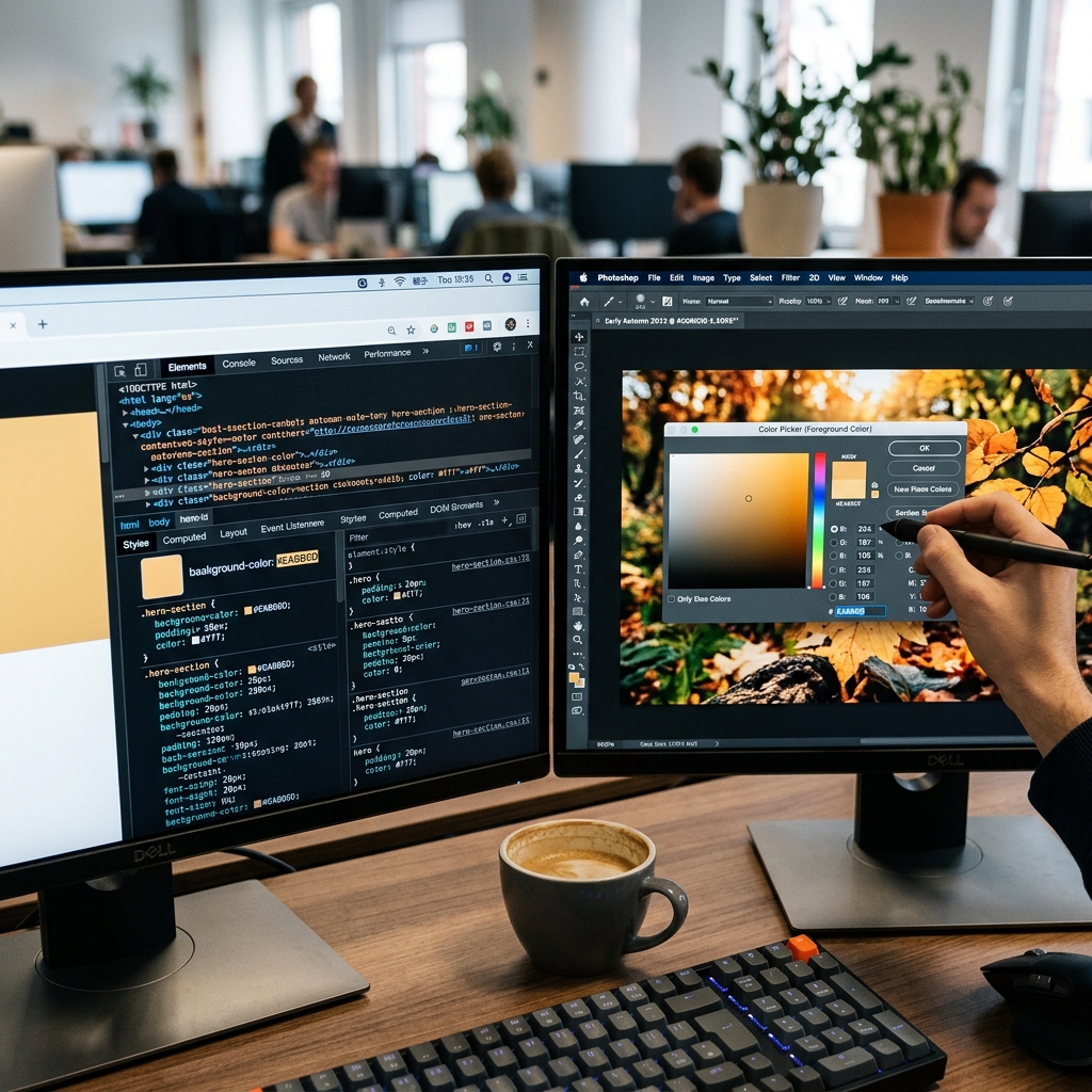 一张展示数字化办公场景的特写图像，聚焦于前端开发与设计的协同工作。屏幕上显示着Chrome浏览器的开发者工具（DevTools）界面，右侧Styles面板中清晰可见‘background-color: #EABB6D;’的代码行，且旁边带有一个浅金黄色的颜色预览小方块。屏幕另一侧显示着Photoshop软件，吸管工具正精准点选一张初秋主题摄影图中的杏黄色区域，拾色器窗口弹出并显示数值：R: 234, G: 187, B: 109。桌面上放着一杯咖啡，背景模糊，营造专业且专注的技术氛围。