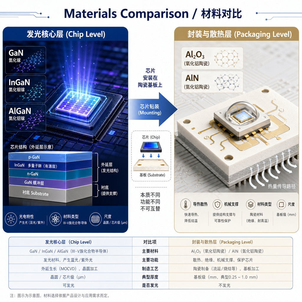 LED芯片材料与封装材料对比图，左侧显示GaN、InGaN等芯片发光层材料，右侧显示Al2O3、AlN等陶瓷封装与散热层材料
