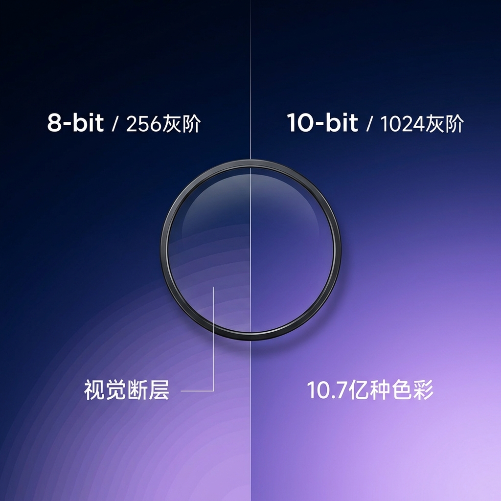 一张对比图，左侧展示8位色彩深度下深蓝到浅紫渐变出现的明显色彩断层（Color Banding），右侧展示10位色彩深度下平滑无断层的渐变效果，突出高色深的重要性。