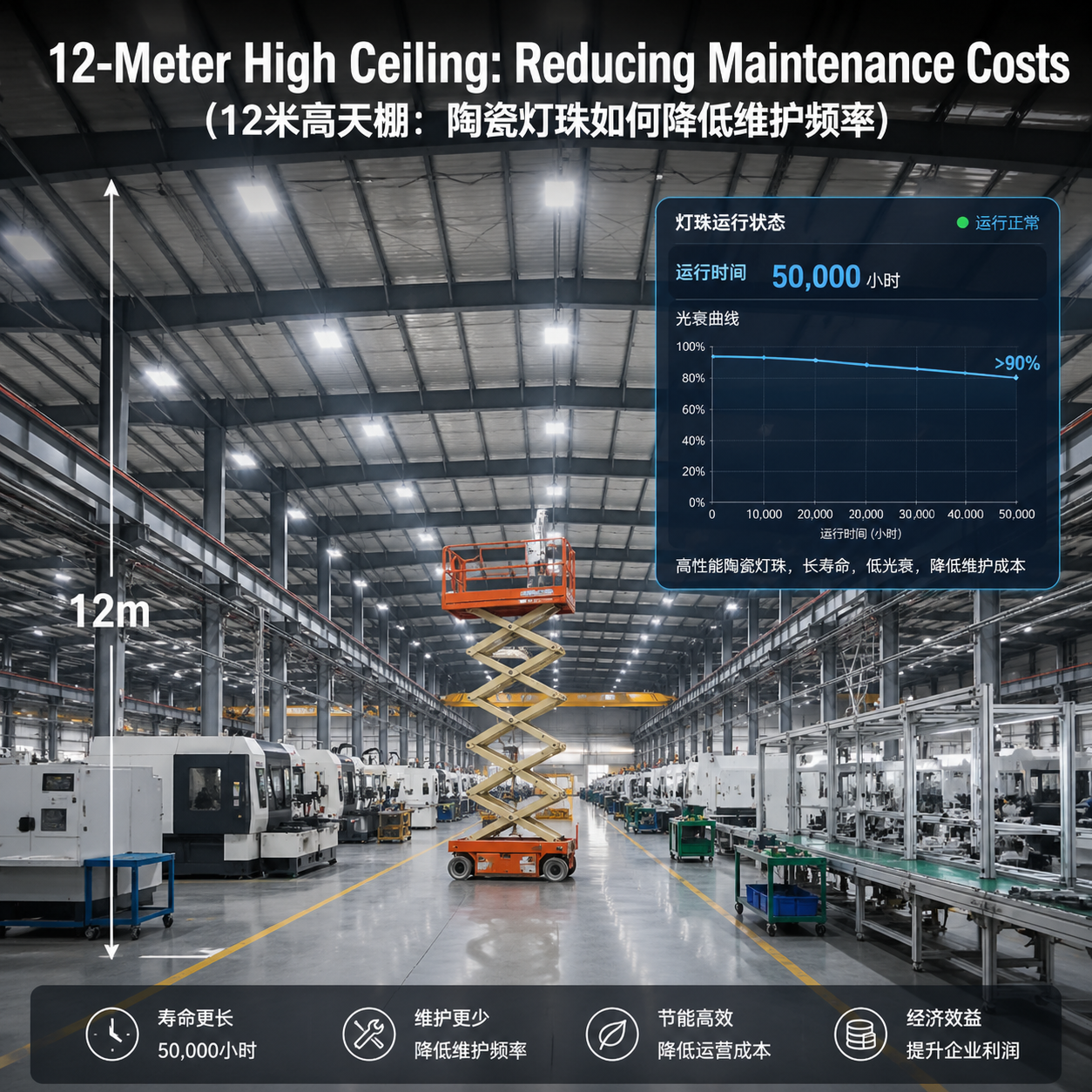 12米高天棚工业厂房全景图：升降车预示高维护成本，陶瓷灯珠实现长寿命低维护。