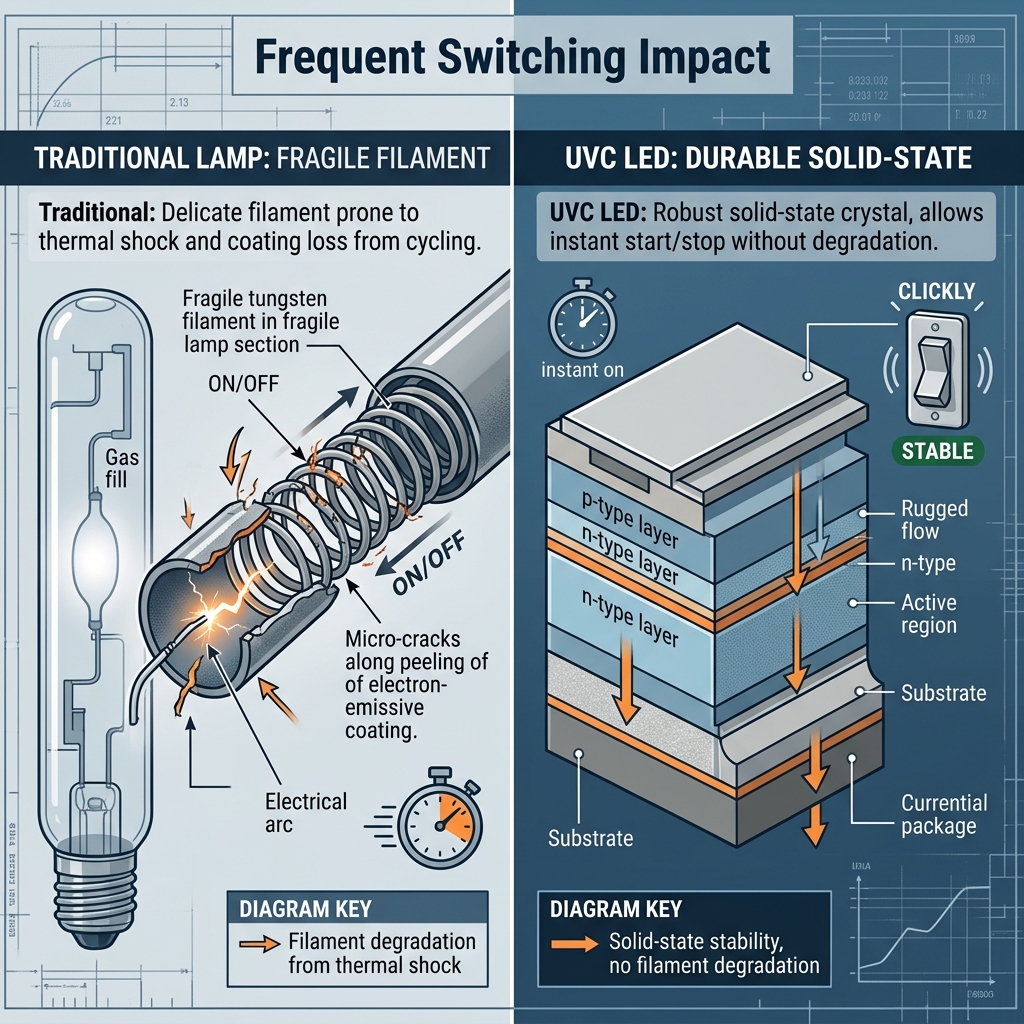 传统汞灯钨丝电极在频繁开关下受损与UVC LED固态半导体晶体不怕频繁开关的对比。