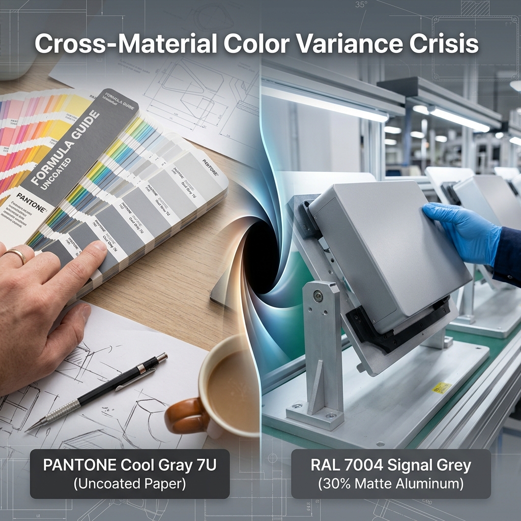 设计师办公桌上的潘通冷灰7U色卡与工业线上喷涂RAL 7004信号灰的哑光铝合金外壳对比，展现设计稿到实物的色彩转换。
