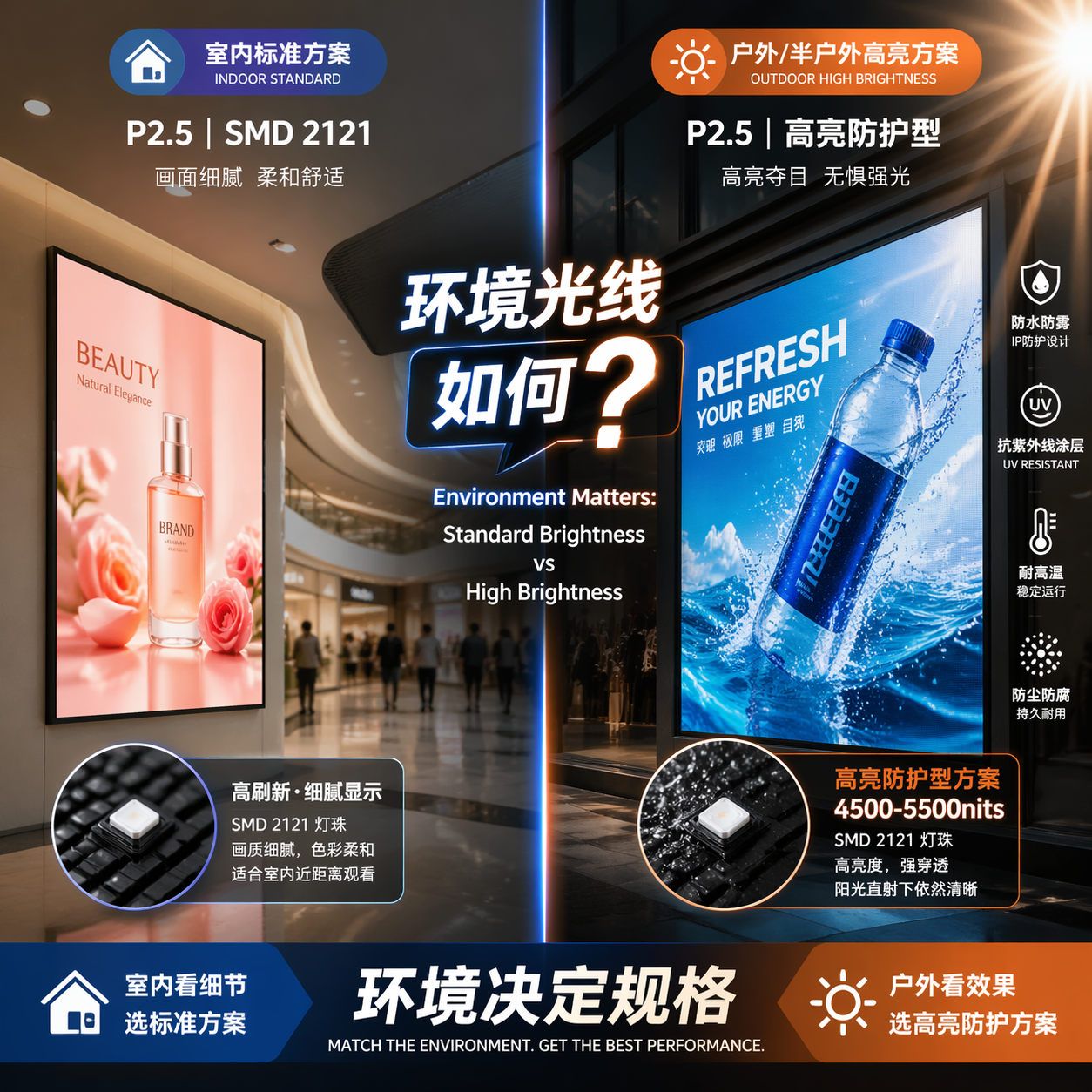 对比室内P2.5显示屏（SMD 2121）与临街橱窗高亮P2.5显示屏，强调环境光线对灯珠选择（标准亮度与高亮度防护型）的关键影响。