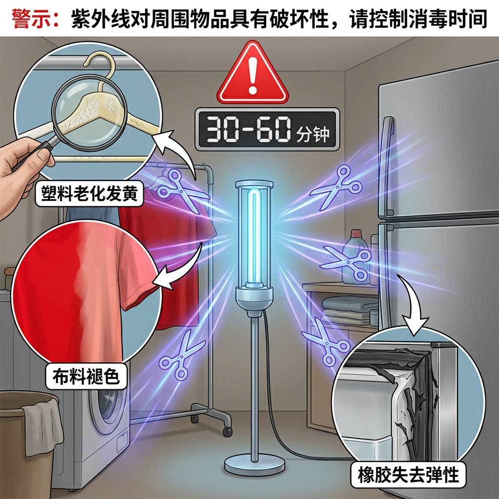 UVC紫外线光像隐形剪刀一样对周围物品造成损害,图示塑料老化发黄、橡胶失去弹性开裂和布料褪色。
