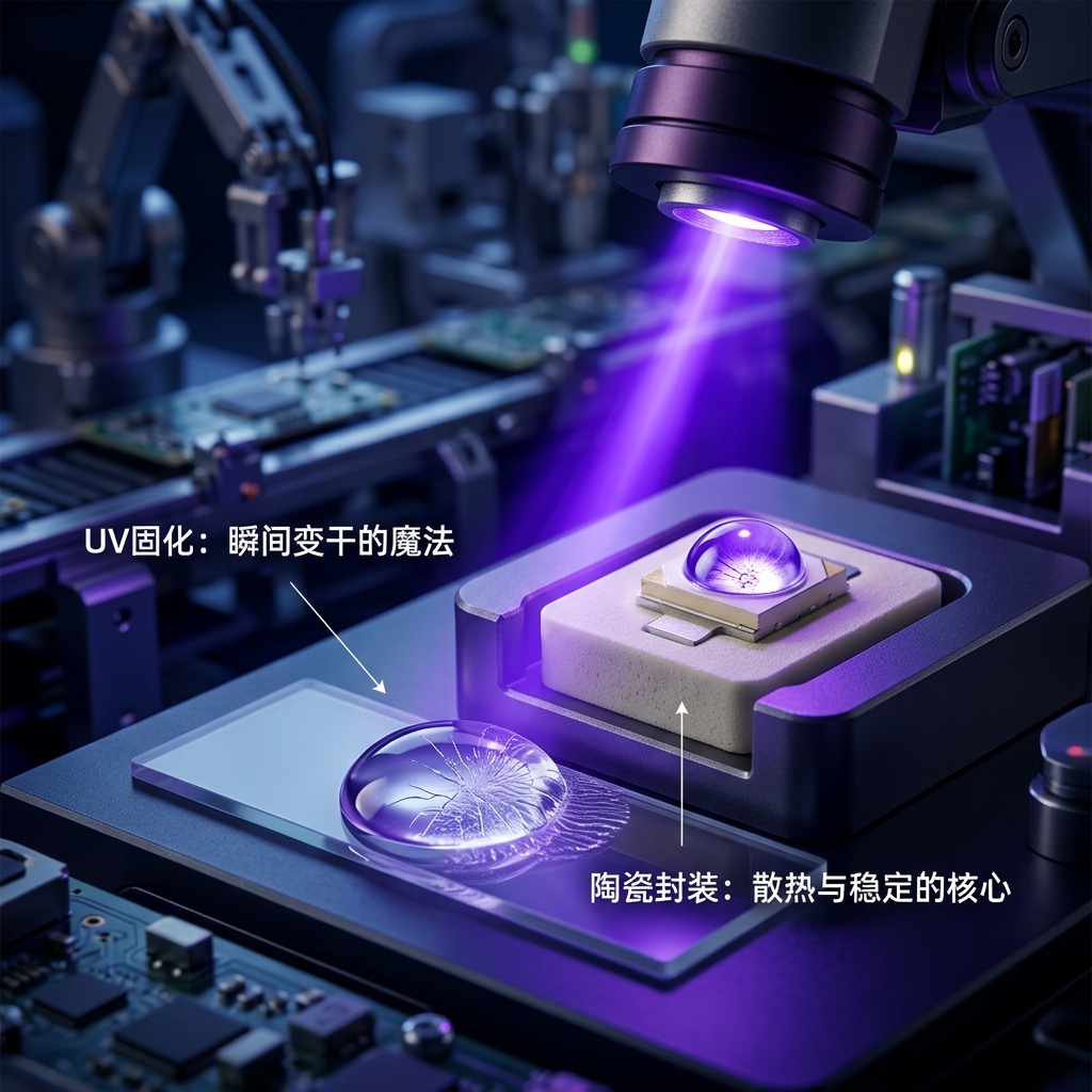 一张具有科技感的UV固化陶瓷灯珠特写，发出深紫色紫外线光束，瞬间固化下方透明胶水，背景为工业自动化流水线，强调‘UV固化：瞬间变干的魔法’及‘陶瓷封装：散热与稳定的核心’。