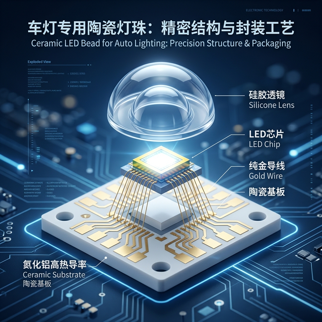 车灯专用陶瓷灯珠内部结构拆解图，展示其氮化铝陶瓷基板、纯金导线和LED芯片，体现2026年最新封装工艺的科技美学与精密性