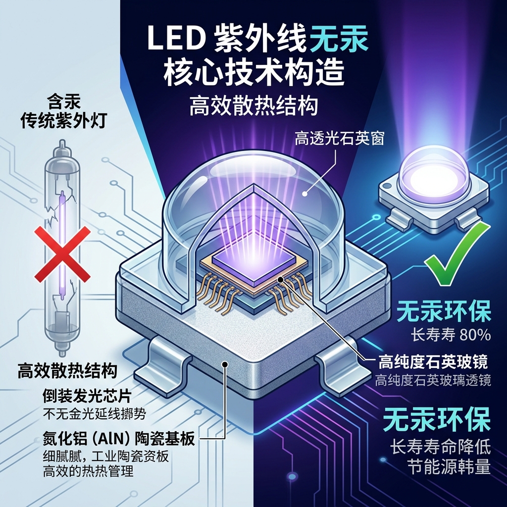 LED紫外线无汞灯珠的核心结构示意图,展示氮化铝陶瓷基板、倒装发光芯片和石英玻璃透镜,并对比传统汞灯,强调无汞环保与高效散热特点。