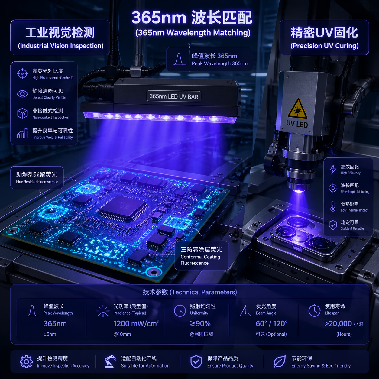 365nm紫外光在电子制造产线的工业视觉检测（PCB助焊剂荧光）和精密UV固化（手机镜头模组）中的应用示例图。