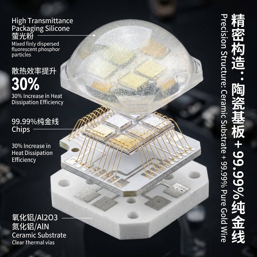 摄影补光陶瓷灯珠的精密拆解图，展示陶瓷基板、发光芯片、99.99%纯金线和封装硅胶等内部结构，突显其高散热效率。
