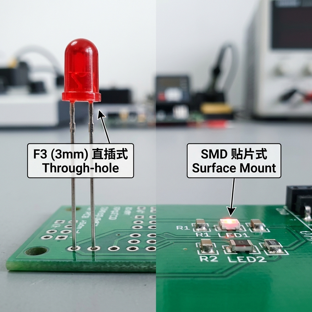 F3直插LED与SMD贴片LED的物理形态对比，左侧为3mm圆头F3直插灯，右侧为贴附在PCB上的0805或1206贴片灯，清晰展示两者在封装和安装方式上的根本区别。