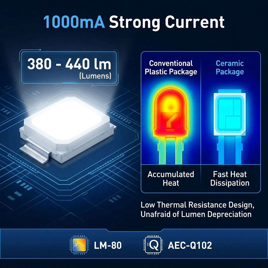 陶瓷灯珠在1000mA强电流下达到380-440流明亮度的性能展示，并用热成像对比图突出其高效散热和低热阻设计，同时展示LM-80和AEC-Q102可靠性认证