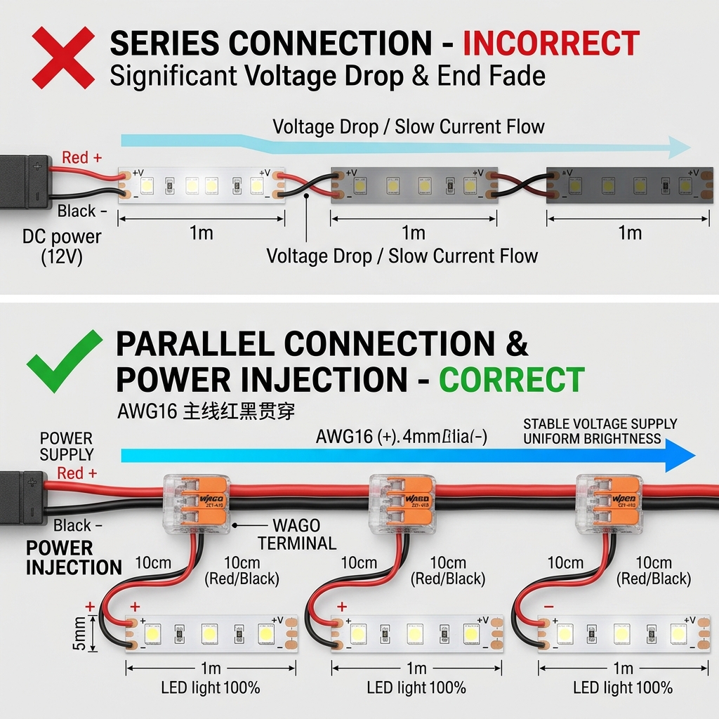 灯珠板电源线接法对比图：上方为错误串联接法（末端光衰），下方为推荐的主线并联与两端补电接法（亮度均匀），并展示WAGO接线端子应用。