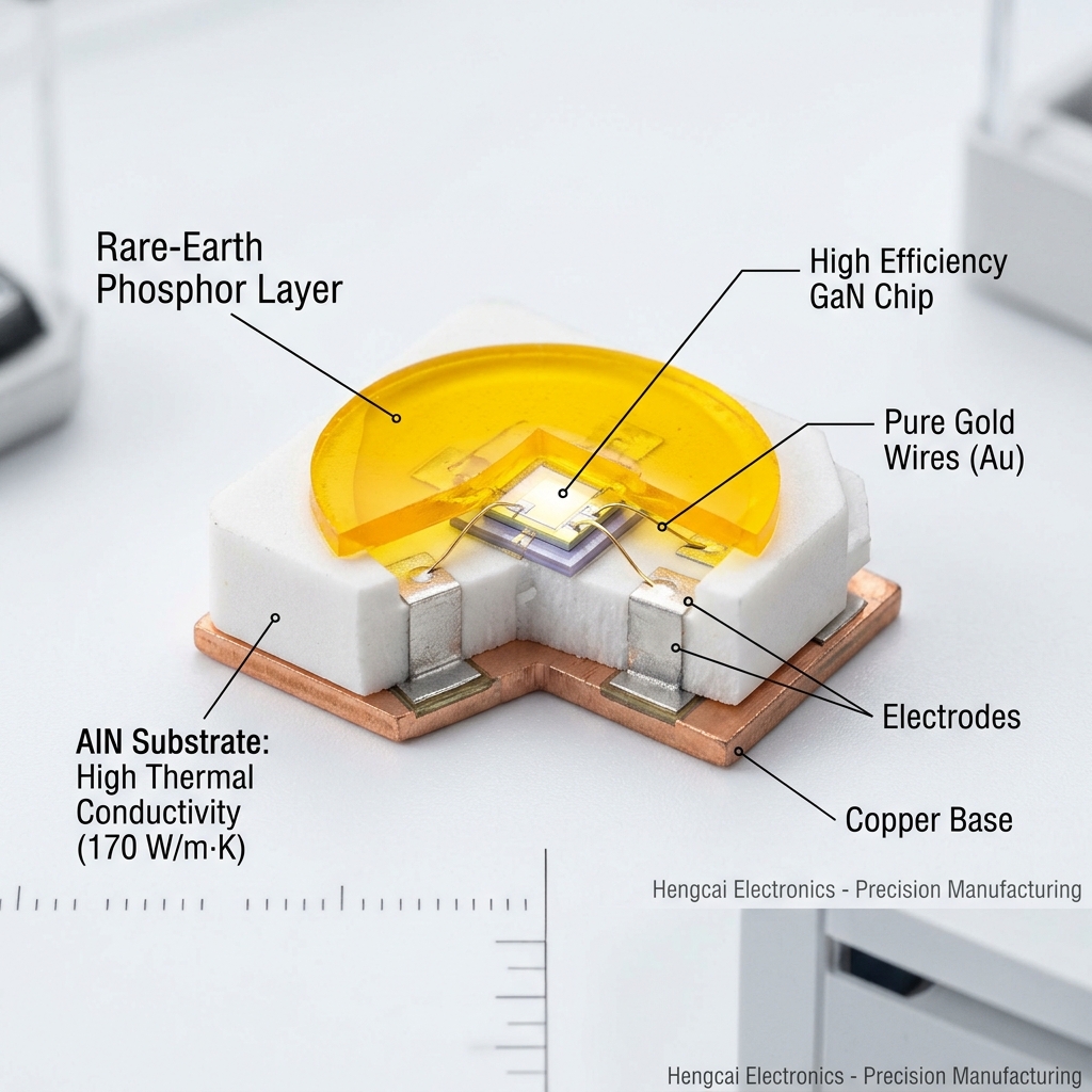 高导热陶瓷灯珠内部精密拆解透视图,展示氮化铝基板、氮化镓芯片、纯金导线和荧光粉层,突出其核心原材料。